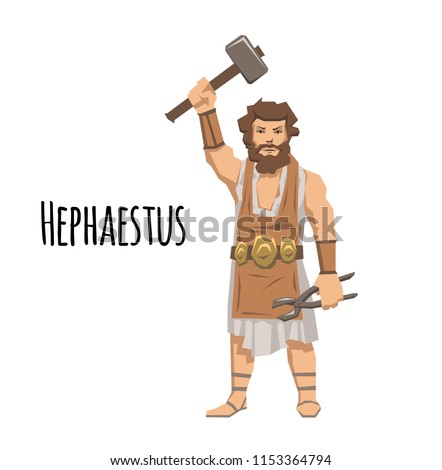 Hephaestus, ancient Greek god of blacksmith and fire. Ancient Greece mythology. Flat vector illustration. Isolated on white background.