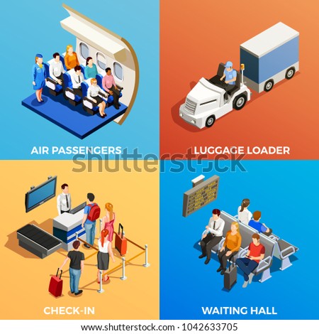 Isometric 2x2 design concept with set of scenes with people at airport and on board 3d isolated illustration