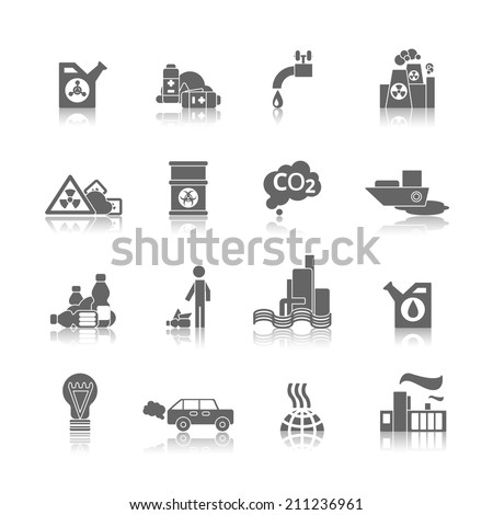 Thermal air and water toxic chemicals power plants hazardous pollution black abstract icons set isolated vector illustration