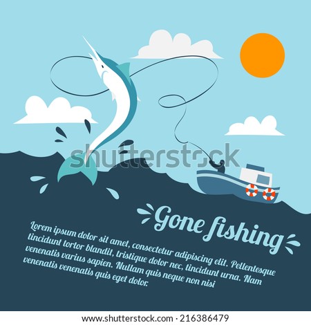 Fishing poster with boat and fishermen catching swordfish vector illustration