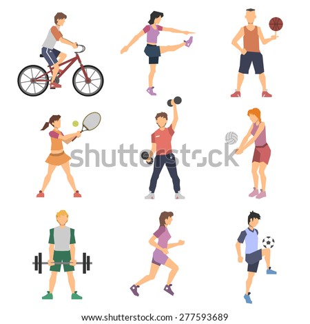 Sport people flat icons set with men and women cycling playing football and tennis isolated vector illustration