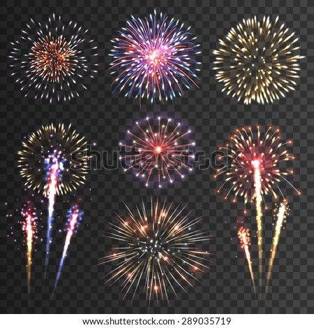 Festive patterned firework bursting in various shapes sparkling pictograms set against black background abstract vector isolated illustration