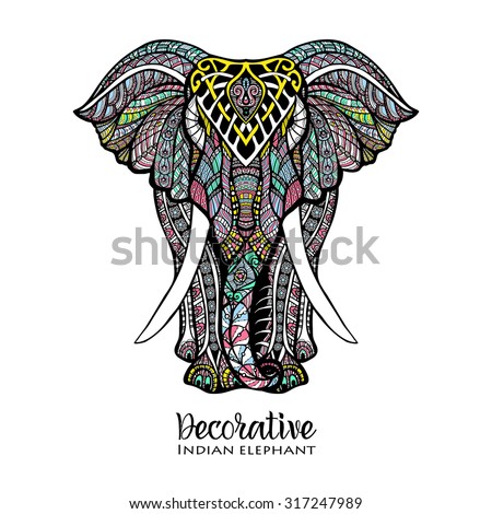 Hand drawn front view elephant with colored ornament vector illustration