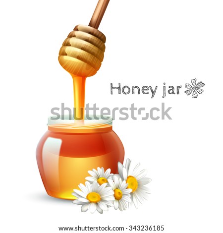 Honey stick daisy flower and jar realistic set vector illustration