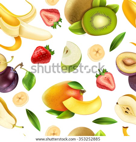 Realistic tropical fruits and berries seamless tileable colorful pattern design for wrapping paper and textile vector illustration