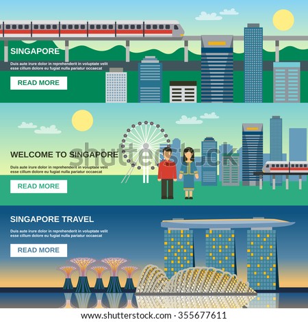 Singapore best tourist attractions webpage 3 flat horizontal banners with night cityscape and sightseeing pictures abstract vector illustration