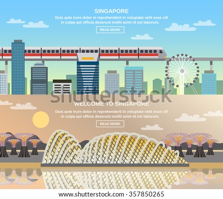 Singapore online information for travelers 3 flat interactive banners with cityscape railroad and national sightseeing tourists attractions vector illustration