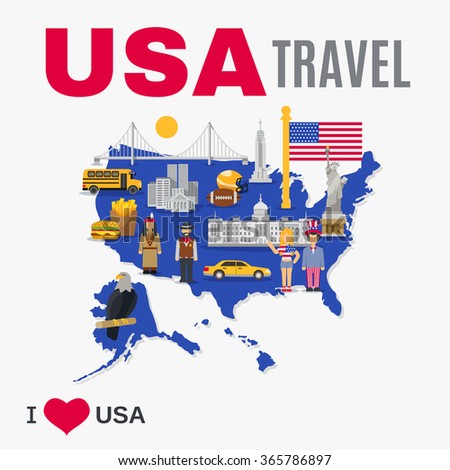 World Travel Agency USA Top Tourists Attraction Poster With National Symbols Landmarks And Country Map Flat World Travel Agency USA Top Tourists Attraction Poster With National Symbols Landmarks And Country Map Flat