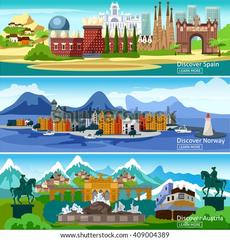 Panoramic views horizontal banners of the main attractions of European tourist cities in Spain Norway and Austria vector illustration