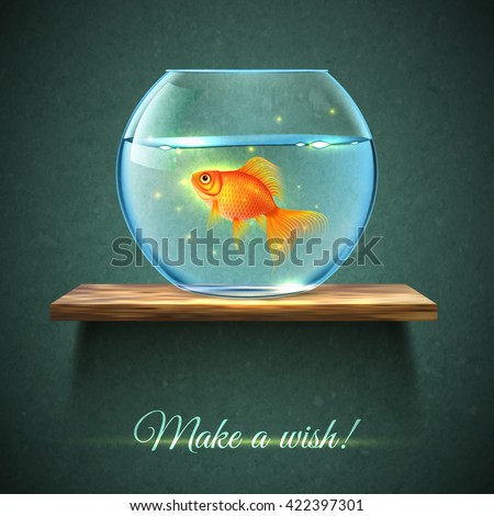 Realistic aquarium with gold fish on a wooden shelf poster and title make a wish vector illustration