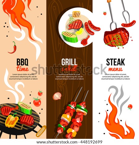 Barbecue party 3 flat vertical banners set with grilled steak sausages and vegetables abstract isolated vector illustration
