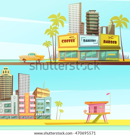 Miami beach horizontal banners in cartoon style with sea shore barber bakery cafe lifeguard cabin flat vector illustration