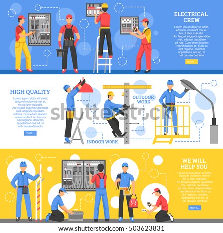 Electrical works horizontal banners with electricians working outdoor and crew of workers indoor flat vector illustration