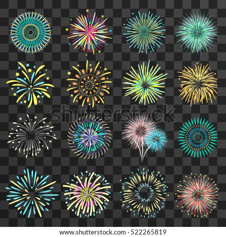 Set of isolated brightly celebration firework balls on dark transparent background flat vector illustration