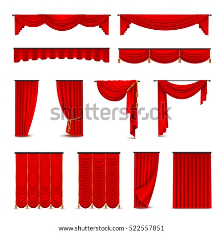 Luxury scarlet red silk velvet curtains and draperies interior decoration design ideas realistic icons collection isolated vector illustration