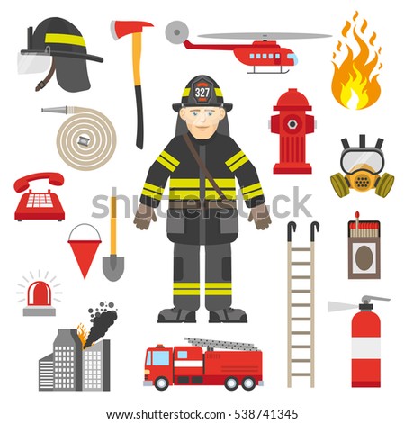 gear the safety fire Profession Firefighter Firefighters Stock Vector Set Icons