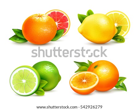 Fresh citrus fruits whole and halves 4 realistic icons square with orange grapefruit lemon isolated vector illustration