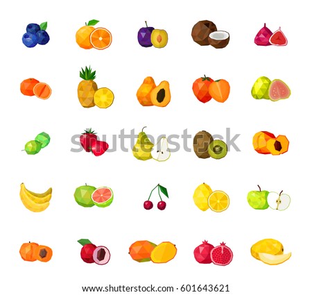 Fresh tropical fruits berries and coconut polygonal icons collection with blueberry figs kiwi mango isolated vector illustration