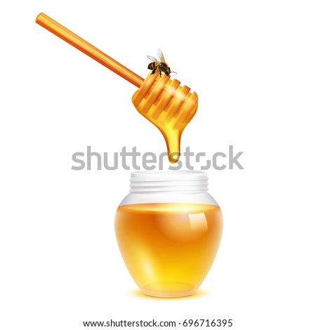 Honey dripping from dipper stick with honeybee in glass jar realistic design concept on white background vector illustration