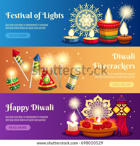 Festival of lights diwali horizontal banners with firecrackers and candles realistic isolated vector illustration