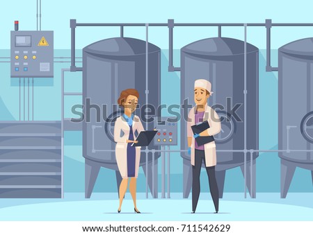 Dairy production cartoon composition with factory workers on background of tanks for milk pasteurization vector illustration