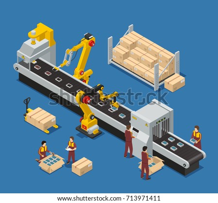 Electronics factory isometric composition with engineer monitoring robotic conveyor and workers stacking production into boxes vector illustration  