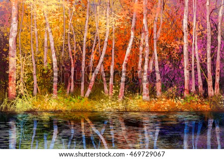 Oil Painting Landscape Colorful Autumn Trees Stock Illustration ...