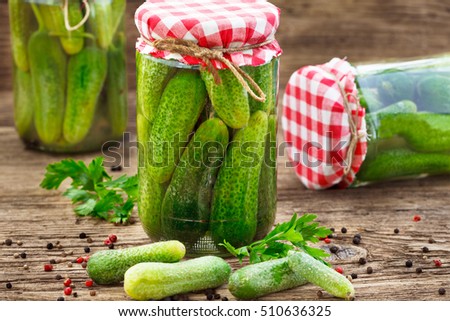 Homemade pickles in brine, Jar of homemade Pickled Gherkins