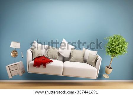 Zero Gravity Sofa hovering in living room with furniture (3D Rendering)