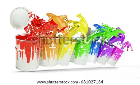 Colorful Paint Buckets Splashing Rainbow Colors Stock Illustration ...