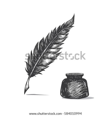 Feather Pen Inkwell Drawing Ancient Stationery Stock Vector 584010994 ...