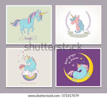cute magic unicon and rainbow greeting cards