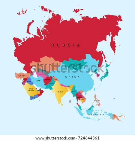 Colorful Asia Map Countries Capital Cities Stock Vector 36256987 