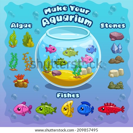 Set of tank, different fishes and decorations for making your own aquarium