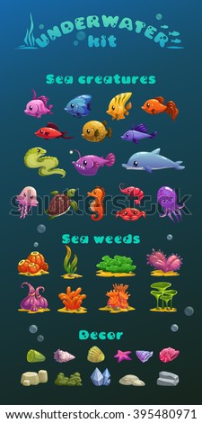 Cute cartoon underwater icons set, vector aquarium game ui assets