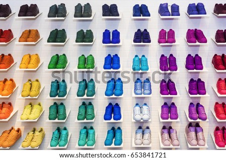 MOSCOW, RUSSIA - APRIL 12,2015: Adidas Originals shoes in a shoe store in Moscow. Adidas, a German industrial group specializing in the manufacture of sports shoes, clothing and equipment