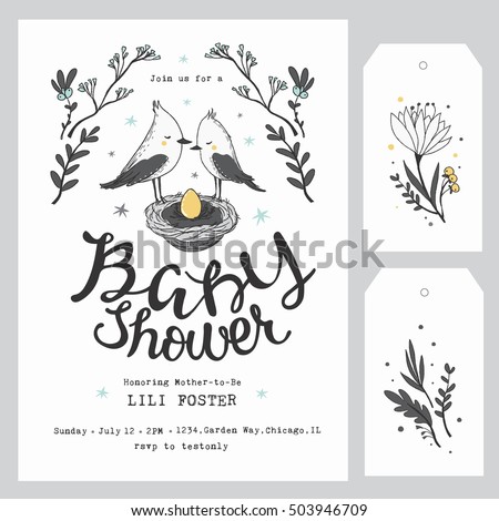 Baby Shower Invitation Template with hand lettering, cute birds and flowers. Baby Shower Decoration. Gender Neutral.