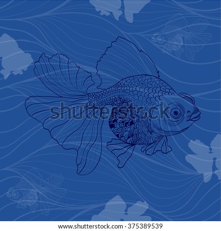 Goldfish - linear pattern. Seamless vector background.