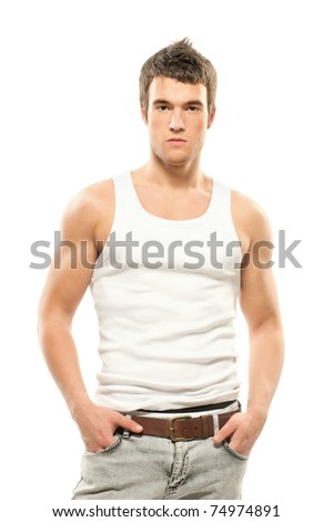 portrait of a handsome muscular young man in a white shirt isolated on white background.
