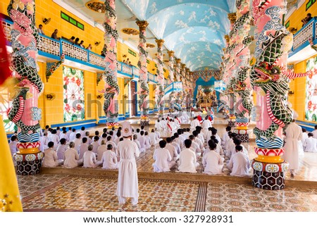 Tay Ninh, Vietnam - January 20: Cao Dai ceremony at the Holy See temple in Tay Ninh near Ho Chi Minh City (Saigon), Vietnam.