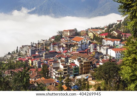 Aerial view of Sapa town, Lao Cai Province, North Vietnam.
