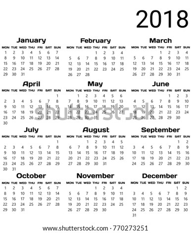 2018 Two Colour Calendar Week Starts Stock Vector 770273251 - Shutterstock