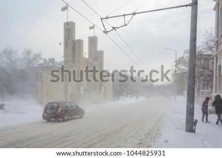 VARNA, BULGARIA, FEBRUARY 28, 2018: 8th Infantry Regiment Memorial Gate under the snow storm.The monument-portal was inaugurated on November 15th,1936