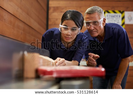 Carpenter Training Female Apprentice Use Plane Stock Photo ...