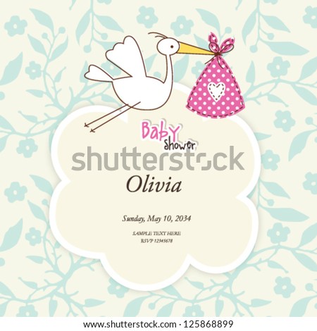 baby girl shower cardcute invitation with stork doodle - stock vector