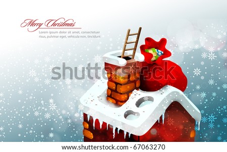 Christmas Scene with Cute House and a large gift bag that that Santa Claus left there while climbing down in the chimney on a ladder | EPS10 Greeting Cards