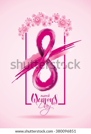vector illustration of International Women's Day celebration March 8, logo of icons for the holiday, elegant design with elements of neat watercolor, frame with eight inside and on top of flowers