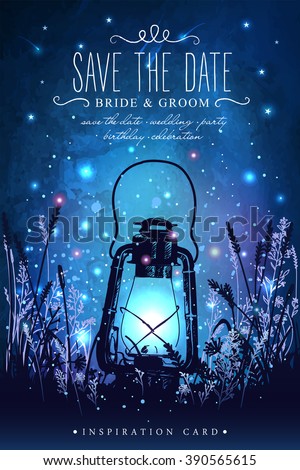 Amazing vintage lantern on grass with magical lights of fireflies at night sky background. Unusual vector illustration. Inspiration card for wedding, date, birthday, tea or garden party