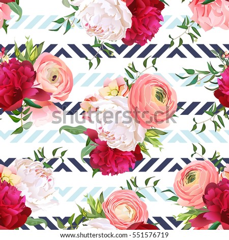 Burgundy red and white peonies, ranunculus, rose seamless vector pattern. Blue triangle striped elegant print with luxury bright flowers.