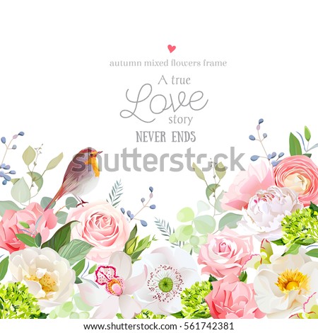 Hydrangea, rose, peony, poppy, orchid, carnation and robin bird vector design card. Botanical style frame with mixed flowers on white Elegant floral background. All elements are isolated and editable